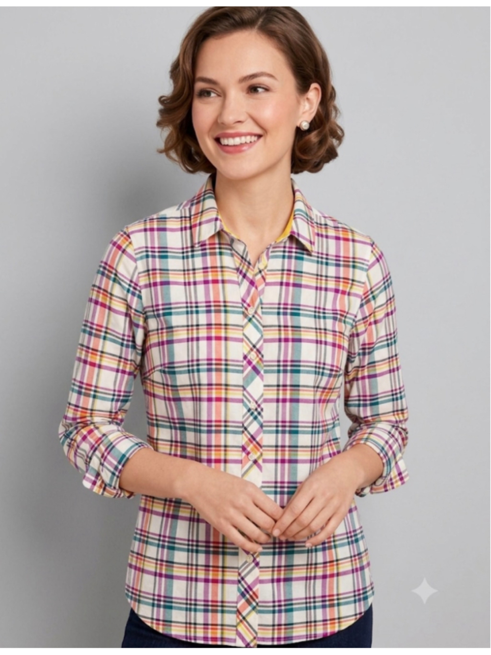 Talbots Petite Plaid Button Down Shirt Size S Petite White Multi-color
